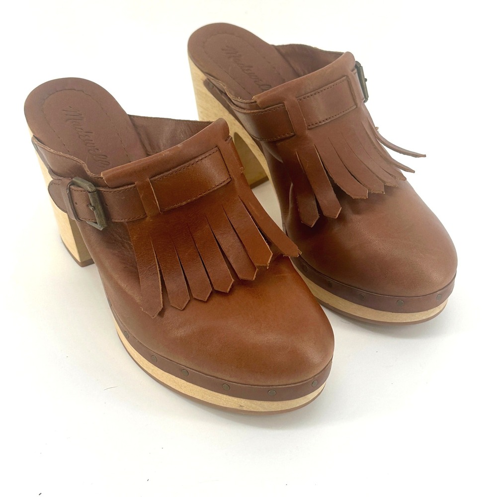 Madewell Kiltie Fringe Clog Mules Womens‎ 9.5 Brown Leather Solid Block Heel